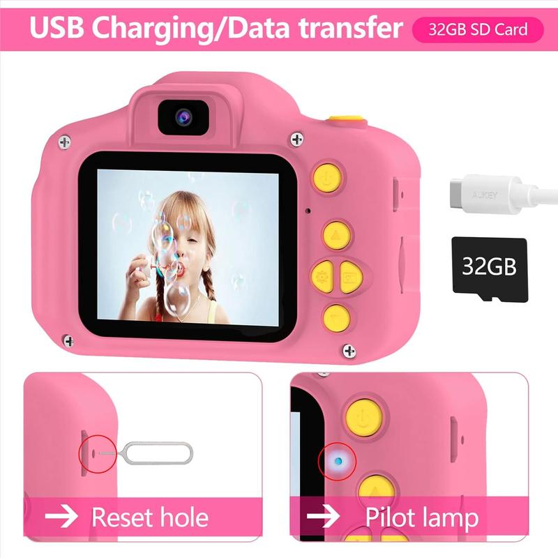 Kids Camera for Boys Girls - 2 Inch IPS Children Camera for Kids 1080P Video Camcorder Toddler Camera Birthday Gifts for 6 7 8 9 10 11 12Year Old Girls Boys with SD Card (Pink) Cable Charging