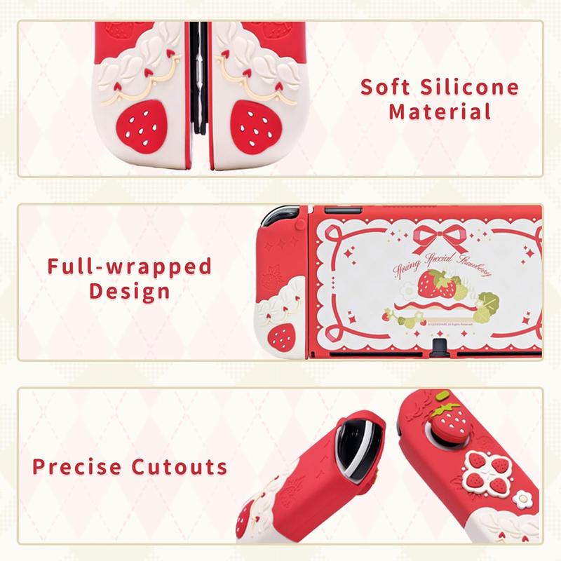 GeekShare Protective Case for Switch   OLED Slim Cover Console Accessories Protection christmas 2024 ornaments Compatible with Nintendo Switch Separable Soft Silicone Protective Shell for Joy Con with 2 Thumb Grip Caps-Strawberries with Cream