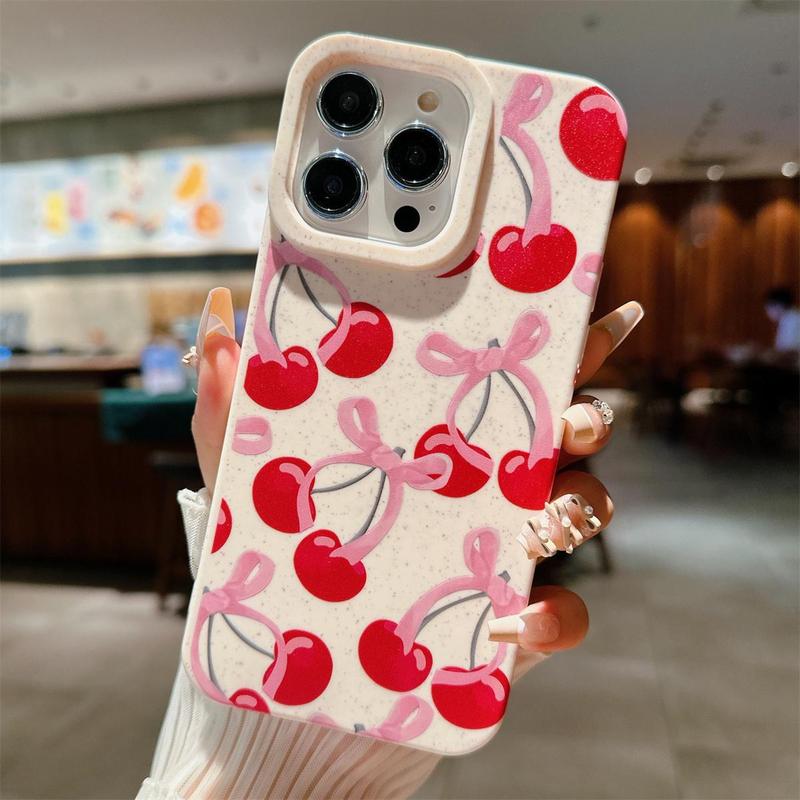 Fall Cherry Bow Pattern Phone Case, Shockproof Phone Protective Cover, Phone Accessories for iPhone Series 16 11 12 13 14 15 Pro Max 15 Plus