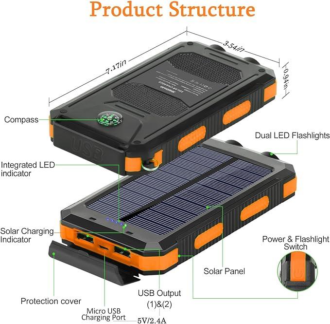 Portable Solar Power Bank 10000mAh, Waterproof Backup Battery Pack with Dual USB 5V Outputs & LED Flashlights, Ideal for Outdoor Camping and Travel, Compatible with All Phones Accessories Smartphone