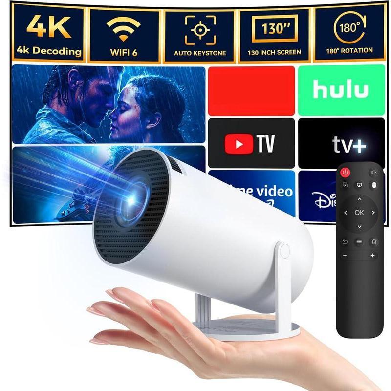 [Free shiping] Portable Projector, Auto Keystone Correction Mini Projector, 4K  200 ANSI Smart Projector with 2.4 5G WiFi, BT 5.0, 130 Inch Screen, 180 Degree Flip, Round Design, Home Video Projector