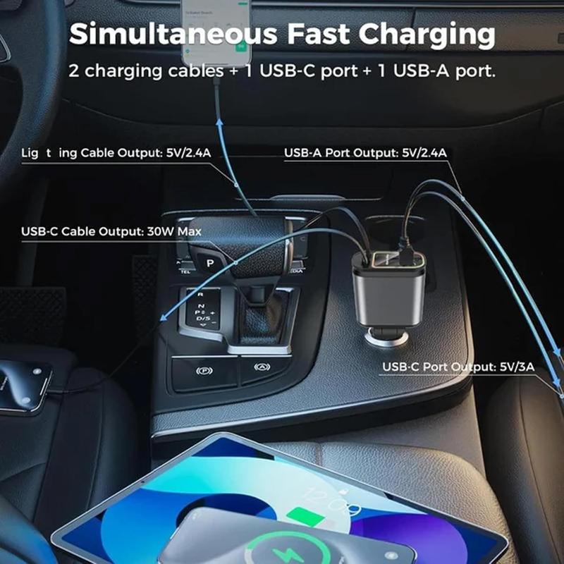 [Upgraded] 4-in-1 Retractable Car Charger, USB C Fast Charging Adapter Dual Charging Ports, Compatible with iPhone 16 15 Pro Max Plus iPad AirPods, Samsung Galaxy S23 S22 S10, Google Pixel