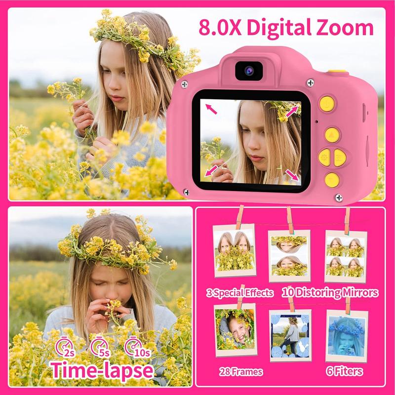 Kids Camera for Boys Girls - 2 Inch IPS Children Camera for Kids 1080P Video Camcorder Toddler Camera Birthday Gifts for 6 7 8 9 10 11 12Year Old Girls Boys with SD Card (Pink) Cable Charging