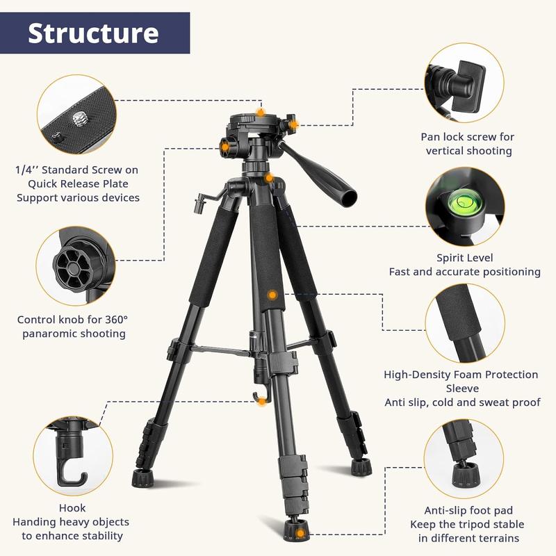 67，74 Inch Heavy Duty Tripod Stand for Cameras, Cell Phones, Projectors, Webcams, Spotting Scopes - Complete Unit for Canon, Nikon, Sony - Perfect for Phone & Camera Photography