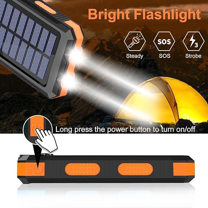 Portable Solar Power Bank 10000mAh, Waterproof Backup Battery Pack with Dual USB 5V Outputs & LED Flashlights, Ideal for Outdoor Camping and Travel, Compatible with All Phones Accessories Smartphone