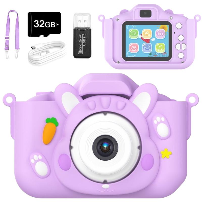 Cute Rabbit Kids Selfie Camera Toy: HD 1080 Digital Camcorder for Ages 3-12 – Includes 32GB TF Card – Ideal Christmas & Birthday Gift