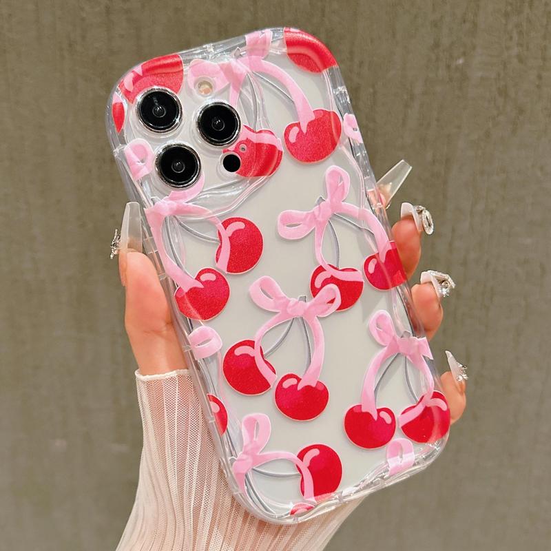 Fall Cherry Bow Pattern Phone Case, Shockproof Phone Protective Cover, Phone Accessories for iPhone Series 16 11 12 13 14 15 Pro Max 15 Plus