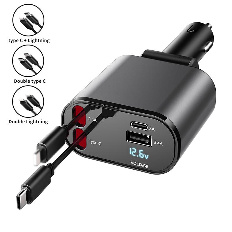 4 in 1 Retractable Car Charger, Car Accessories, 2 Fast Charging cables&Dual Charge Port Compatible with iPhone 16 15 14 13 12 11 Pro Max Plus iPad AirPods, Samsung Galaxy S series, Electronic Retractable Car Retractable Dual