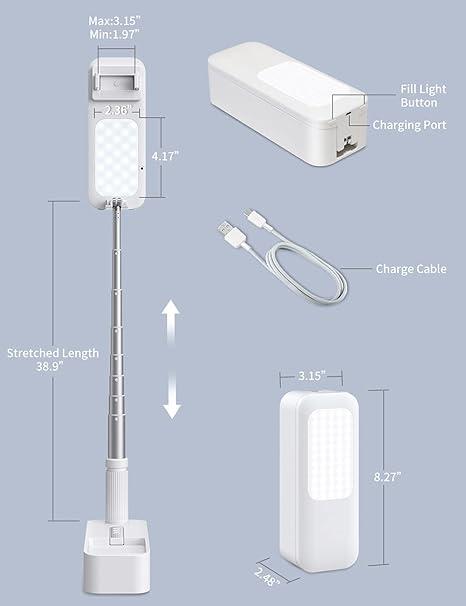 Extendable Selfie Stand 360° Rotation with Phone Holder, Rechargeable Wireless Foldable 7 Brightness LED Light for Live Streaming Video Recording Photography Reading