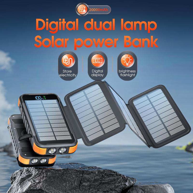 Solar Power Bank with 4 Solar Folding Panels, 20000mAh Portable Charger with LED Digital Display Flashlight, Portable Solar Charger for Smartphone Tablet, Stocking Fillers Gift