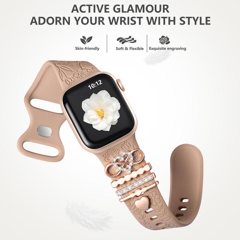 Flower Engraved Watch Band with Watch Warms, 1 Set Sport Watch Band with 5 Rhinestone Decorative Charms, Watch Accessories for iWatch 9 8 7 6 5 4 3 2 1 SE