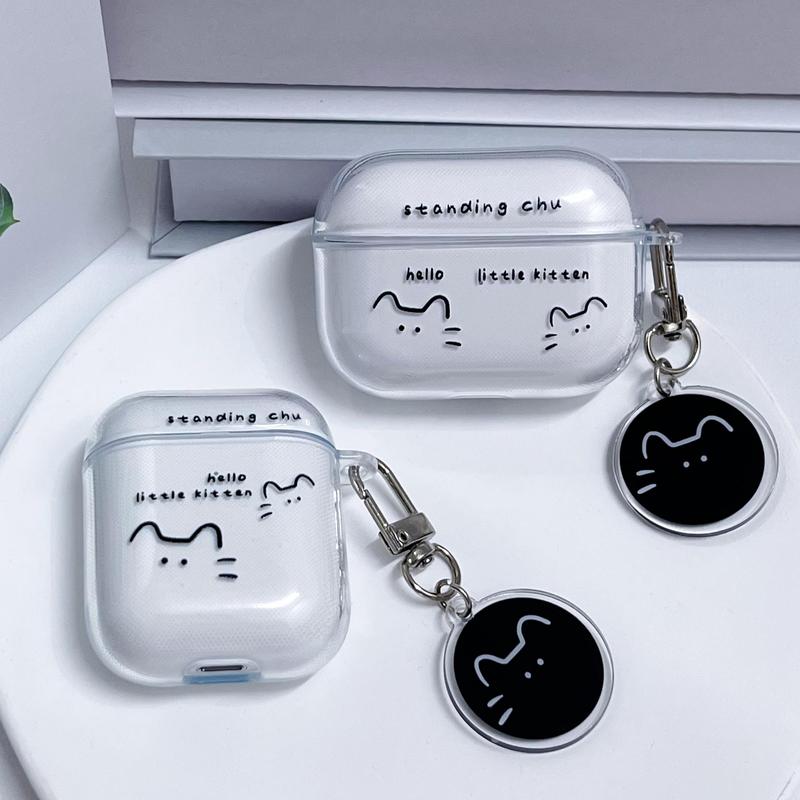 Cute Cat Design Earphone Case with Keychain, 1 Count Earphone Protective Cover, Earphone Accessories Compatible with AirPods