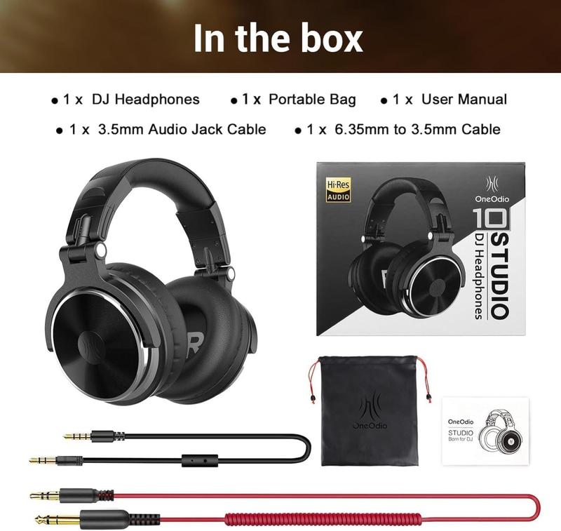 Wired Over Ear Headphones Studio Monitor & Mixing DJ Stereo Headsets with 50mm Neodymium Drivers and 1 4 to 3.5mm Jack for AMP Computer Recording Podcast Keyboard Guitar Laptop - Black