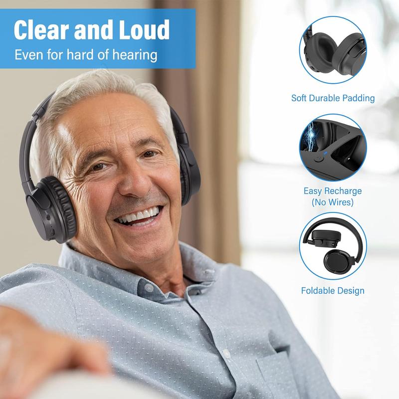 Wireless Headphones for TV Watching with Digital Optical RCA AUX 3.5MM Transmitter Charging Dock, Over Ear Headset for Seniors, 30 Hrs Playtime, Plug and Play