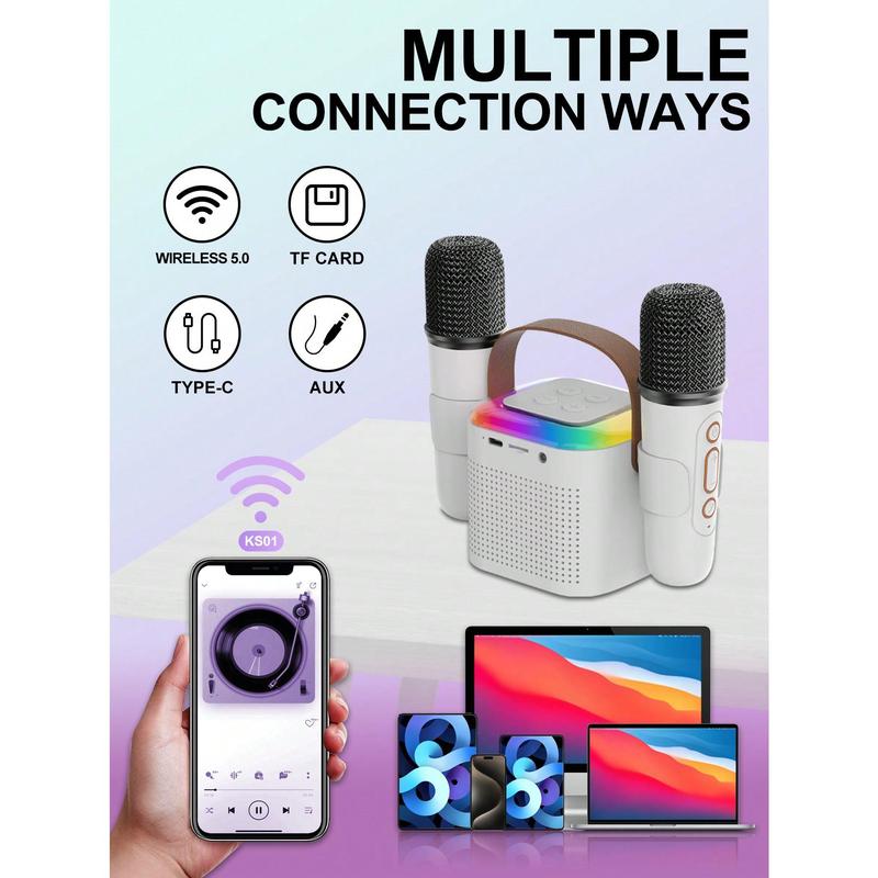 Portable Karaoke Speaker With Four Distinctive RGB Lighting Modes And Two Wireless Microphones With Voice Change, Rechargeable Karaoke Speaker With Dual Microphone Clamps Perfect For Gifts Parties, Support TF Card Headphone Jack USB-C Charging