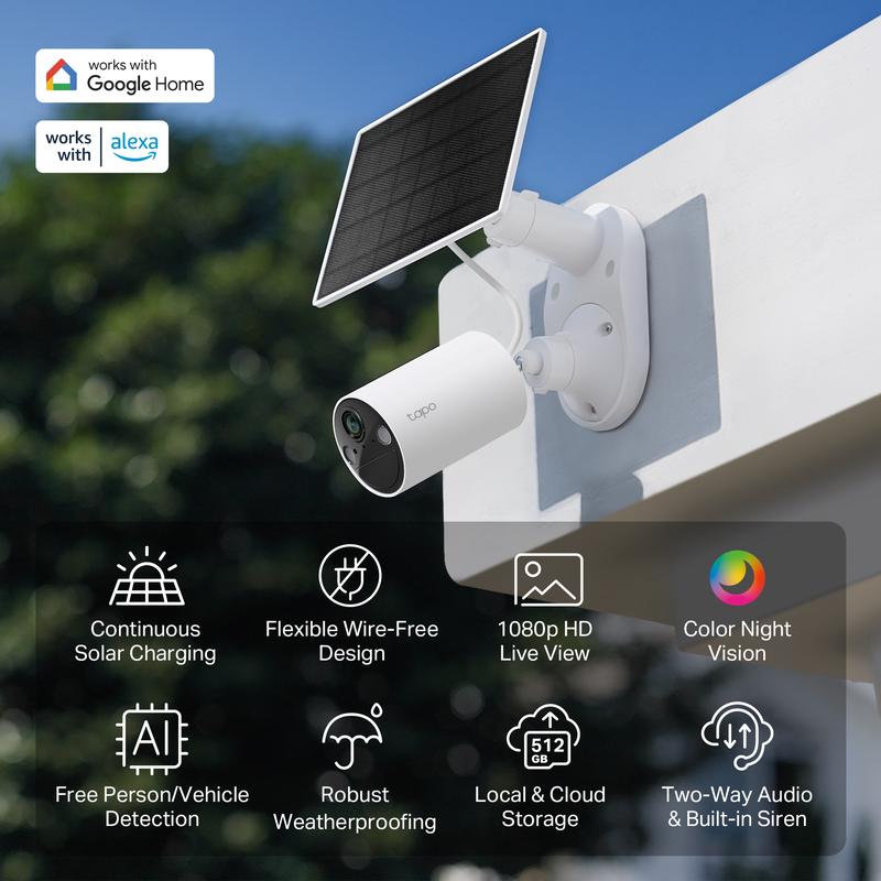 TP-Link Tapo SolarCam Outdoor Battery Camera w Solar Panel, Wireless, 1080P, Free Person Vehicle Detection, SD Cloud Storage, Color Night Vision, No Hub Needed, Works w Alexa & Google Home