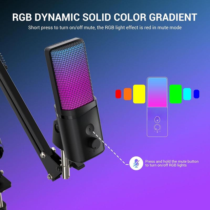 Gaming USB Microphone, RGB Condenser mic with Mute, Gain, , Boom Arm for Streaming, Podcast, Twitch, YouTube, PC, Computer, PS5, (M160+)