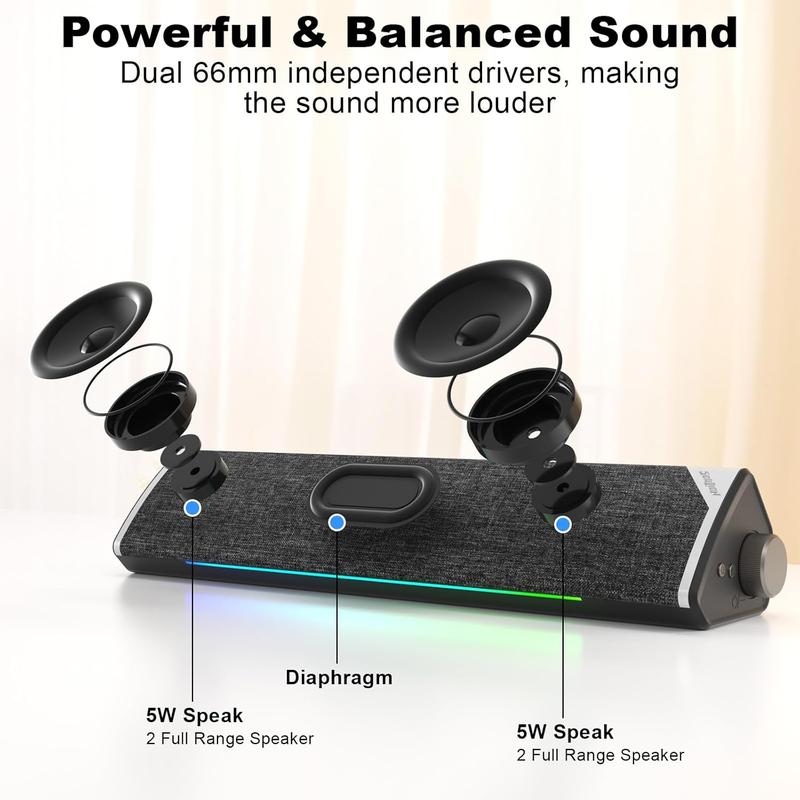 R60 Bluetooth Computer Speakers, USB Plug-N-Play PC Speakers with LED Dynamic Light, Surround Sound Soundbar Speakers with Rotary Switch for Desktop Laptop (USB-C to USB Adapter Included)