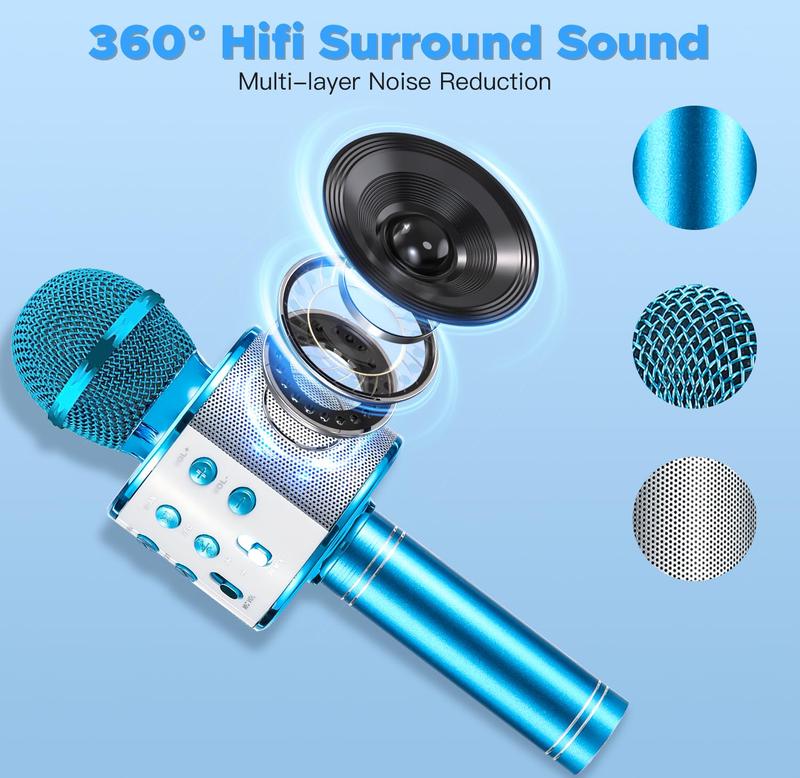 Karaoke Microphone for Kids, 5-in-1 Wireless Handheld Kareoke Mic Speaker for Singing, Karaoke Machine for Adult with 2 Independent Package, DIY Stickers, Gifts for Birthday Party, Blue Stereo Audio Karaoke Microphone for Boys Girls, Wireless Connection