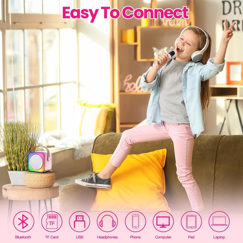 Portable Mini Wireless Karaoke Machine, Rechargeable Speaker with 2 Wireless Microphones, LED Colorful Light Speaker for Birthday Party, Holiday Gift