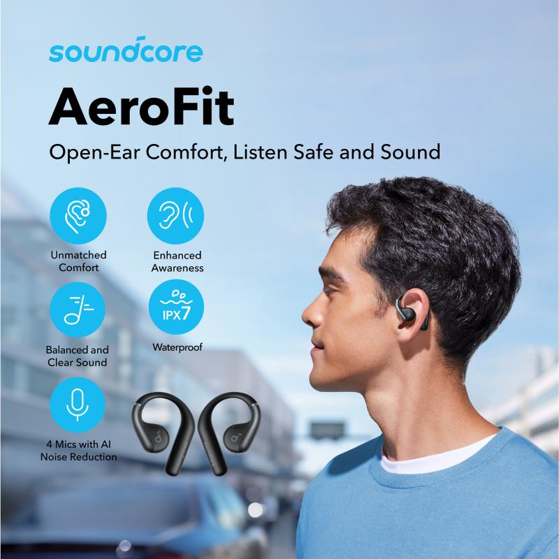 Soundcore by Anker, AeroFit Open-Ear Headphones, Ultra Comfort, Snug Fit, Ergonomic Ear Hook, Balanced Sound, IPX7 Waterproof, 42H Playtime, Bluetooth 5.3, App Control, Clear Calls, Wireless Earbuds