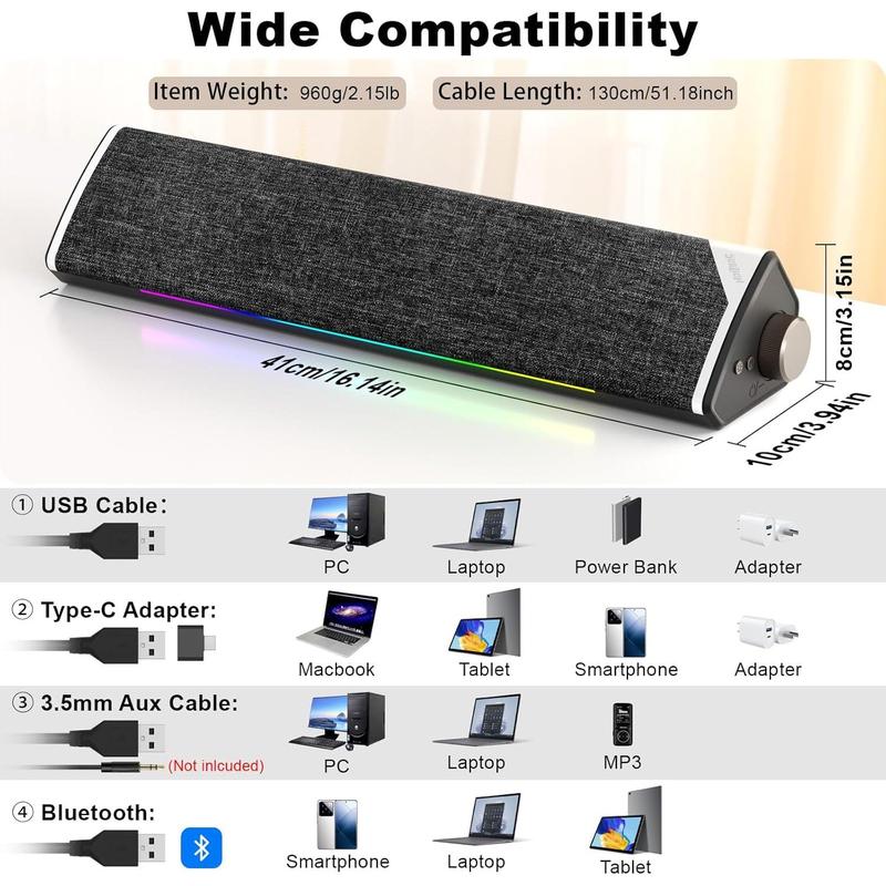 R60 Bluetooth Computer Speakers, USB Plug-N-Play PC Speakers with LED Dynamic Light, Surround Sound Soundbar Speakers with Rotary Switch for Desktop Laptop (USB-C to USB Adapter Included)