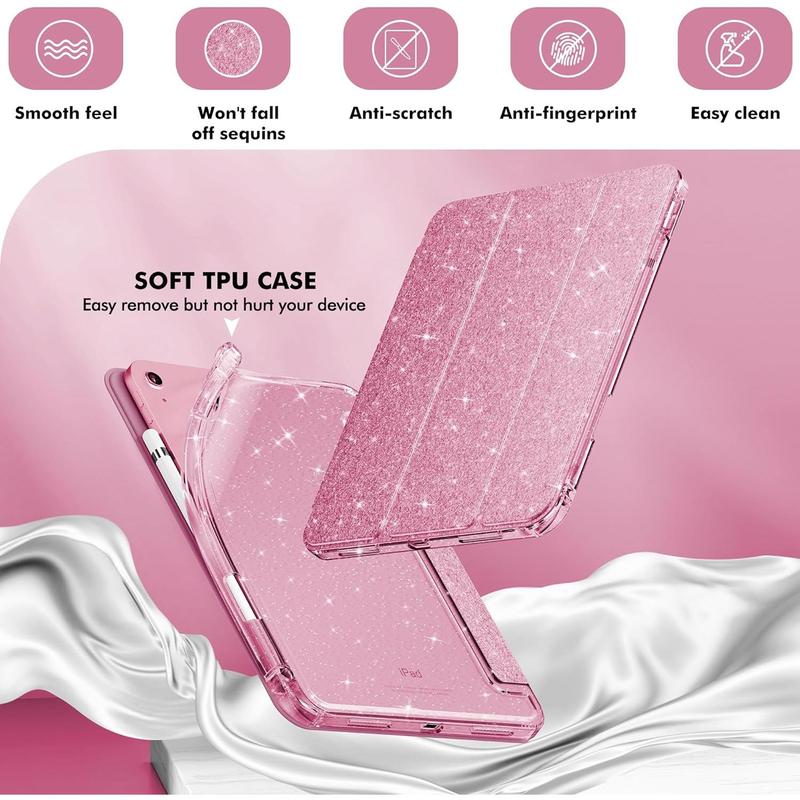 Compatible with iPad 10th Generation Case, iPad Case 10th Generation 10.9 Inch for , Girls, Cute Glitter Cover with Sparkly  Clear , Pencil Holder, Anti-Yellowing, Rose Pink