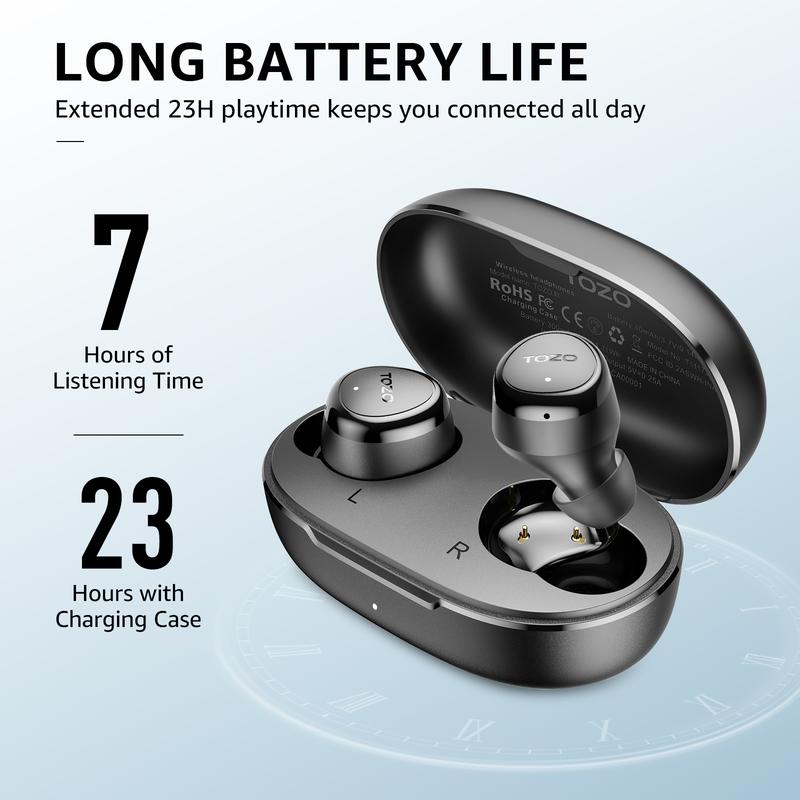 TOZO E1 Wireless Earbuds Build in Mic Clear Calls Ergonomic Light-Weight Bluetooth 5.3 in Ear Headphones IPX6 Waterproof Premium Stereo Sound Headset 30H Playtime with 32 EQs via APP, Black