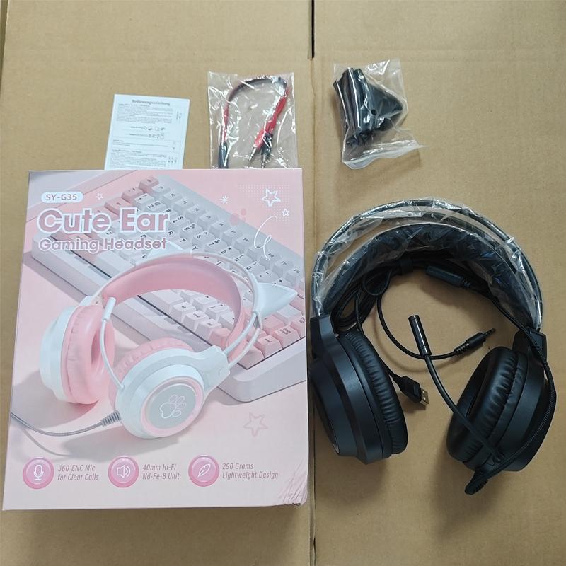 Cute Cat Ear Design Wired Headphone, Luminous Gaming Computer Headset, Gaming Headset, Detachable Headphone with RGB Light, Dual Floating Adaptive Noise Reduction Headset