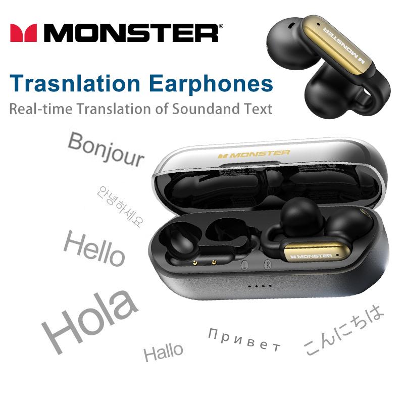 Monster Translation Wireless Earbuds, Comfort Clip-On Bluetooth Earbuds, Bluetooth 5.4 Open Earbuds with Environmental Noise Cancellation, IPX5 Waterproof & Touch Control Wireless Headphones for Indoor or Outdoor monster  earbuds translation earphone