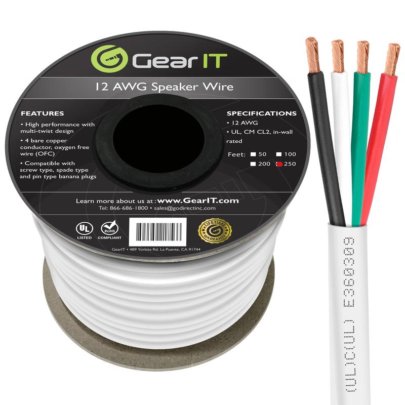 GEARit 12 AWG In Wall Speaker Wire 4-Conductor Bi-Wire Cables - CL2 Rated - Oxygen Free Copper (OFC), White Accessories Amplifier