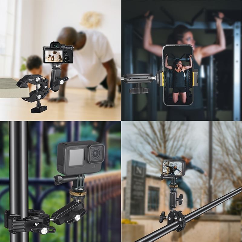 Multi-functional camera clip set with 360° swivel magic arm, dual ball head adapter and ARRI hole - Includes phone mount and sports camera mount - Lightweight aluminum for Canon, Nikon, GoPro, LED lights and more