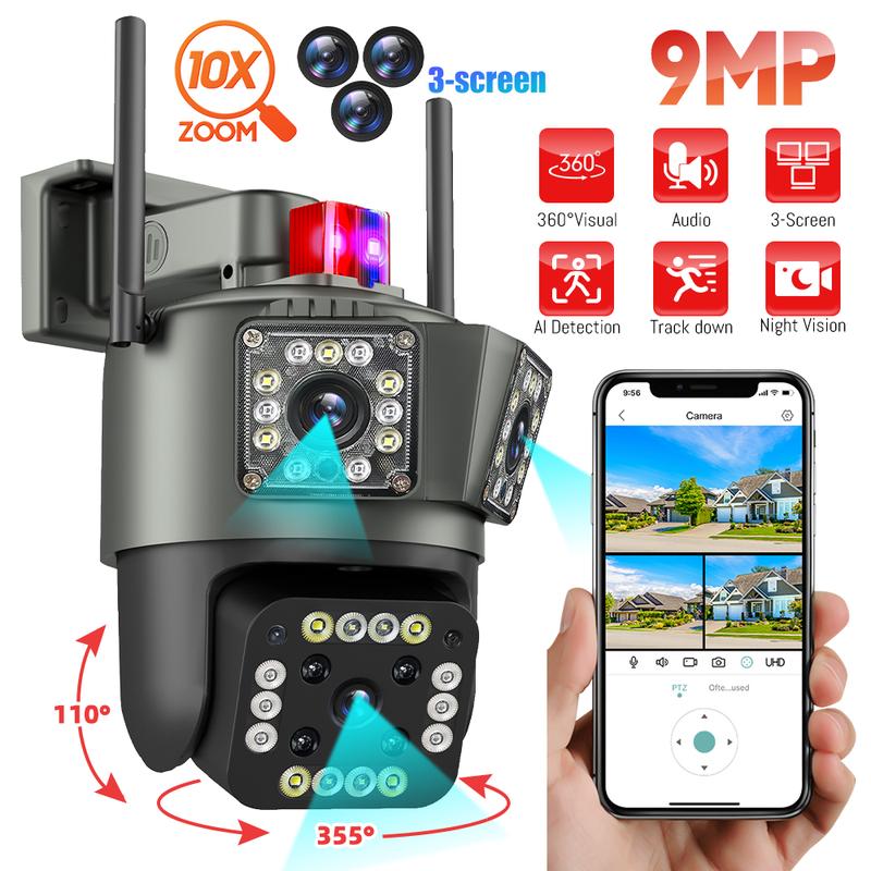 9MP Outdoor Waterproof Wireless WiFi HD Security Camera, 3 Lens Security Camera, 360 View Security Camera, Auto Tracking Color Night Vision (3 Lens)