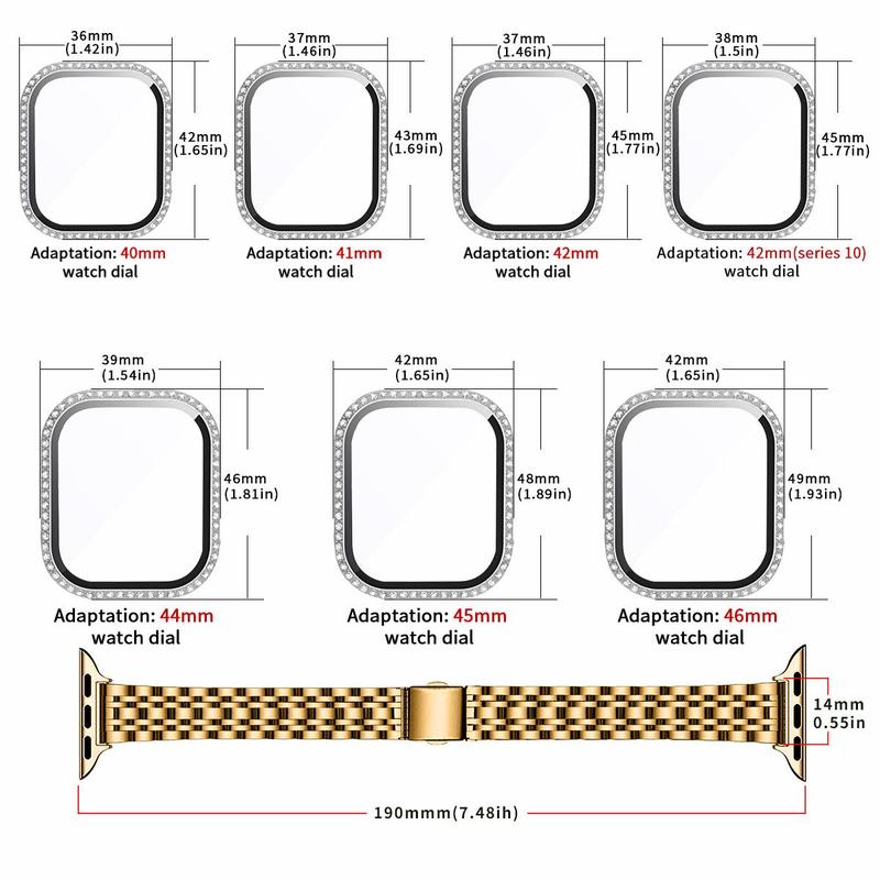 Fashion Watch Band with PC Case Film Integrated Protective Case, Stainless Steel Watch Band Compatible with Apple Watch 9 8 7 6 5 4 3 2 1 SE SE2