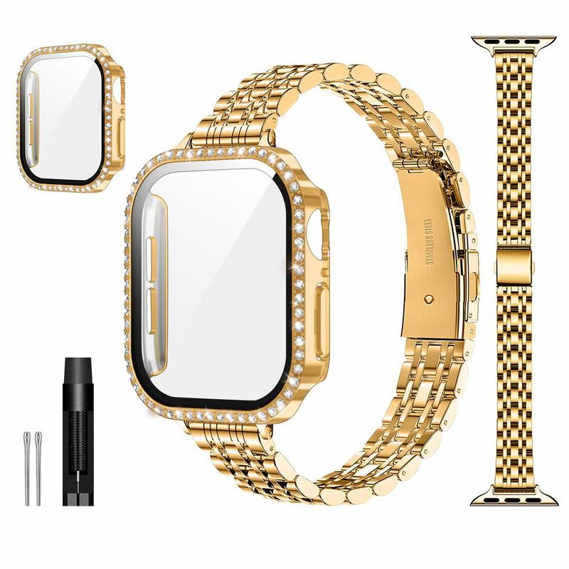 Fashion Watch Band with PC Case Film Integrated Protective Case, Stainless Steel Watch Band Compatible with Apple Watch 9 8 7 6 5 4 3 2 1 SE SE2