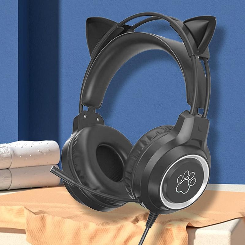 Cute Cat Ear Design Wired Headphone, Luminous Gaming Computer Headset, Gaming Headset, Detachable Headphone with RGB Light, Dual Floating Adaptive Noise Reduction Headset