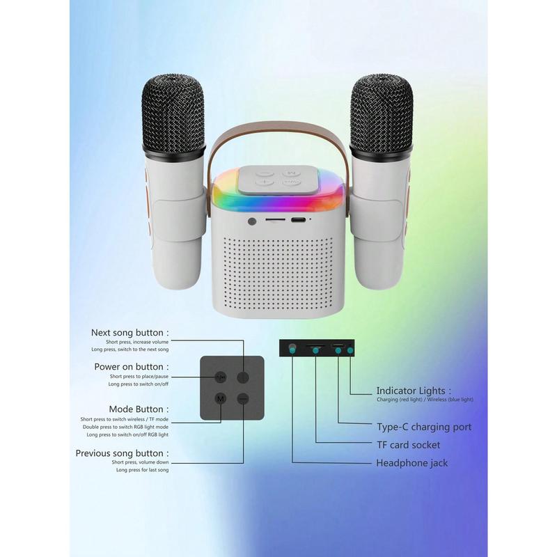 Portable Karaoke Speaker With Four Distinctive RGB Lighting Modes And Two Wireless Microphones With Voice Change, Rechargeable Karaoke Speaker With Dual Microphone Clamps Perfect For Gifts Parties, Support TF Card Headphone Jack USB-C Charging