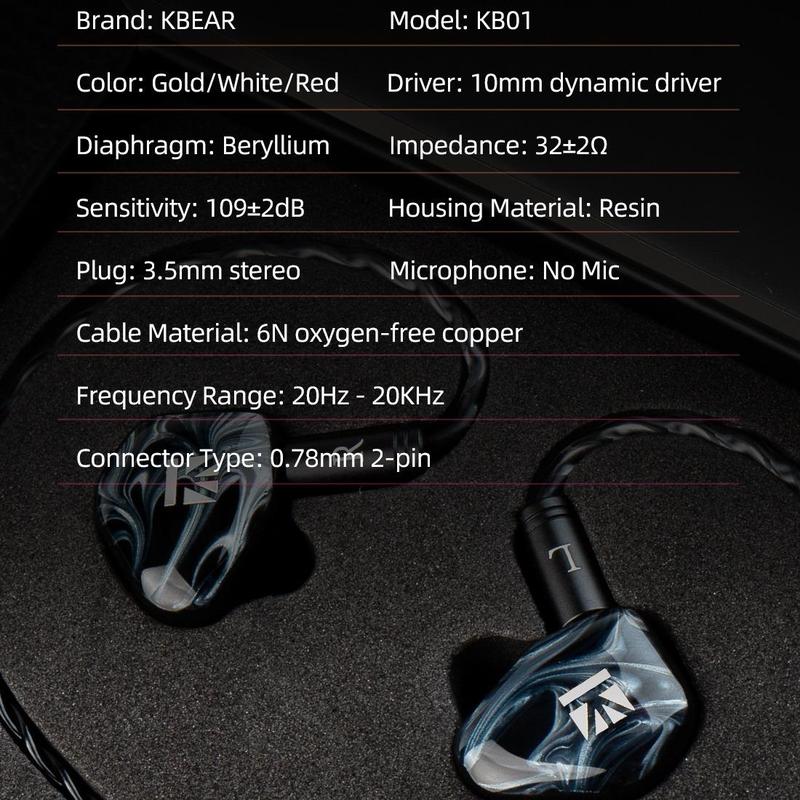 Kbear KB01 In-ear Monitor, 1 Count HiFi Beryllium Diaphragm Dynamic Driver In-ear Headphones, Wired Earbuds High-end Iem Earphones for Musicians Singers