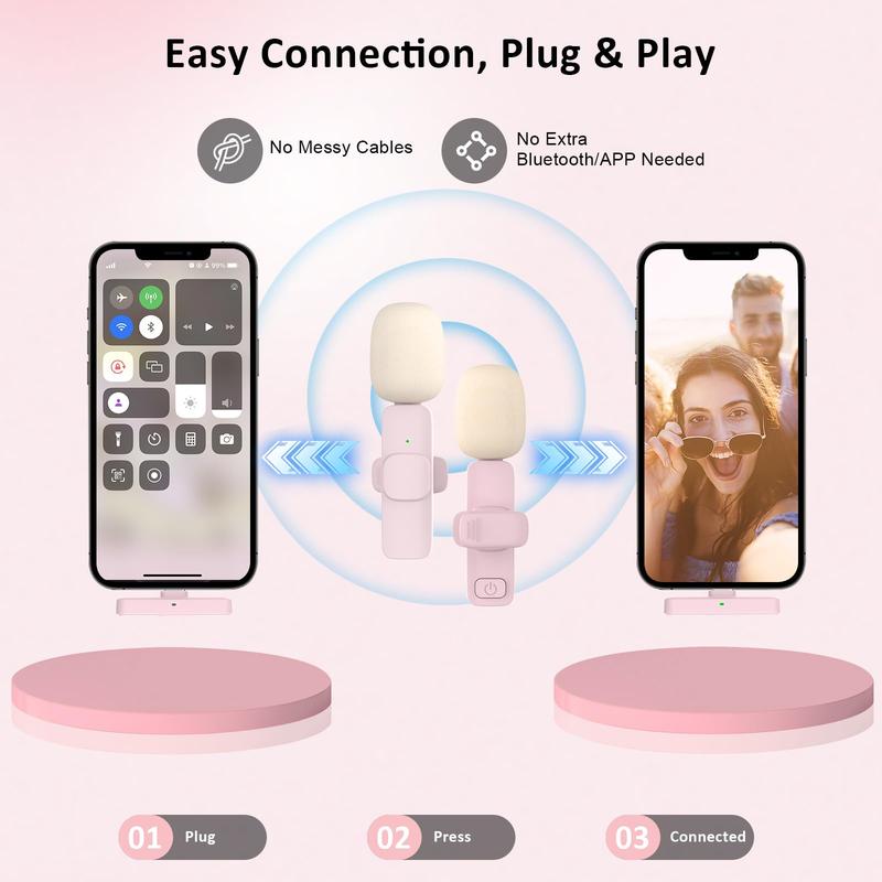 2 Pcs Pink Wireless Lavalier Mini Microphone for iPhone iPad, Professional Lapel Mics, Plug-Play,Ultra-Low Delay Noise Reduction Chip of Lapel Microphone for Video Recording Interview Conference Vlog