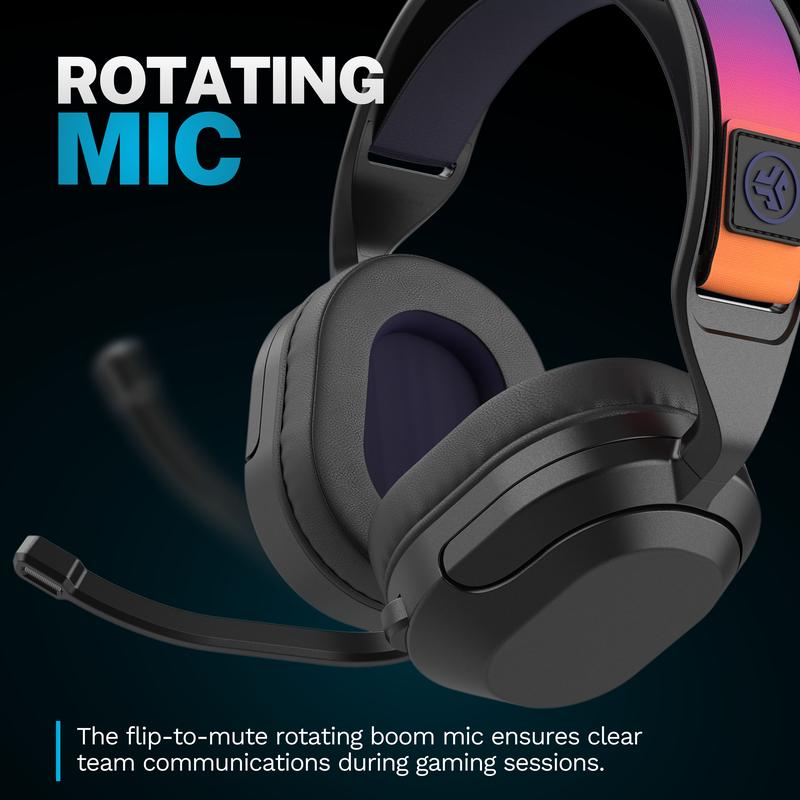 JLab Nightfall Wireless Gaming Headset, Flip-to-Mute Rotating Boom Mic, 50mm Drivers, 2.4GHz for PC, PS5, PS4, Switch, Built-in Microphone