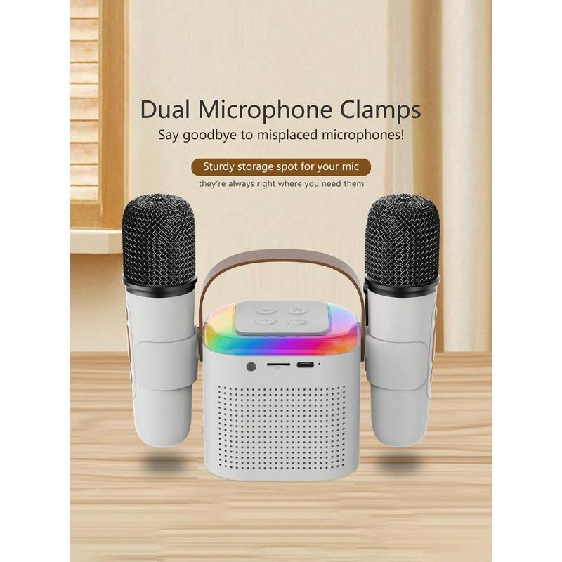 Portable Karaoke Speaker With Four Distinctive RGB Lighting Modes And Two Wireless Microphones With Voice Change, Rechargeable Karaoke Speaker With Dual Microphone Clamps Perfect For Gifts Parties, Support TF Card Headphone Jack USB-C Charging