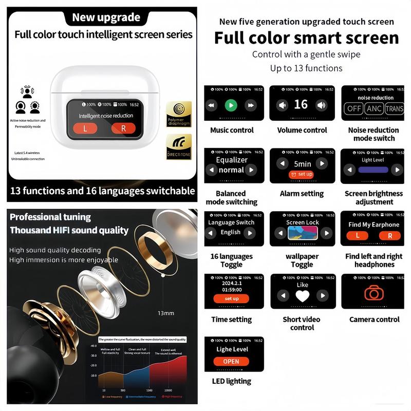 Fall Wireless Earphone, Noise Cancellation Bluetooth V5.4 Full Color Display Earphone, Touch Screen Bluetooth-compatible Earphone, Back To School Gifts, Christmas Gifts for Friend