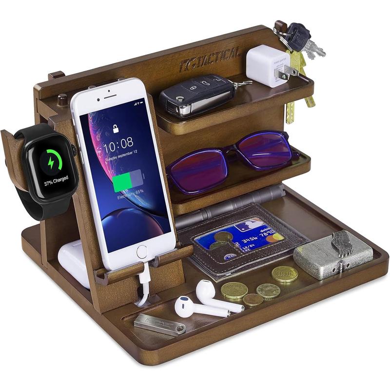 Nightstand Organizer,  Phone Docking Station with Adjustable Rack, Bedside Desk Organizer, EDC Tray for Men, Dads, Husbands - Ideal for Anniversaries and Birthdays - Brown