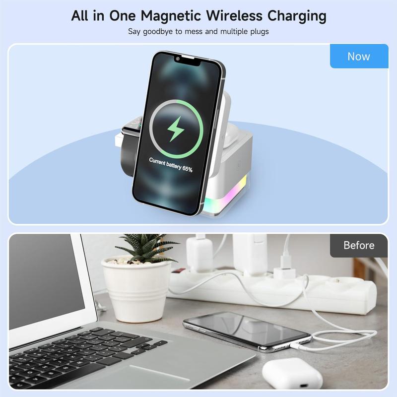 15W Wireless Charging Station, 3-in-1 Foldable Magnetic Wireless Charging Stand, Phone Holder for Charging with Night Light, Compatible with iPhone 12-15