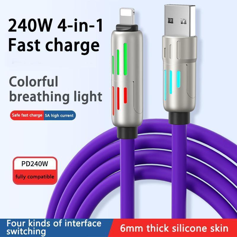 4-in-1 USB Charging Cable – MAX 240W Fast Charging Cable (USB A, Type C, Lightning) – Multi-National Aluminum Alloy, Ideal for iPhone 15 14, Samsung Galaxy, Android Phones, iPad Pro & More.