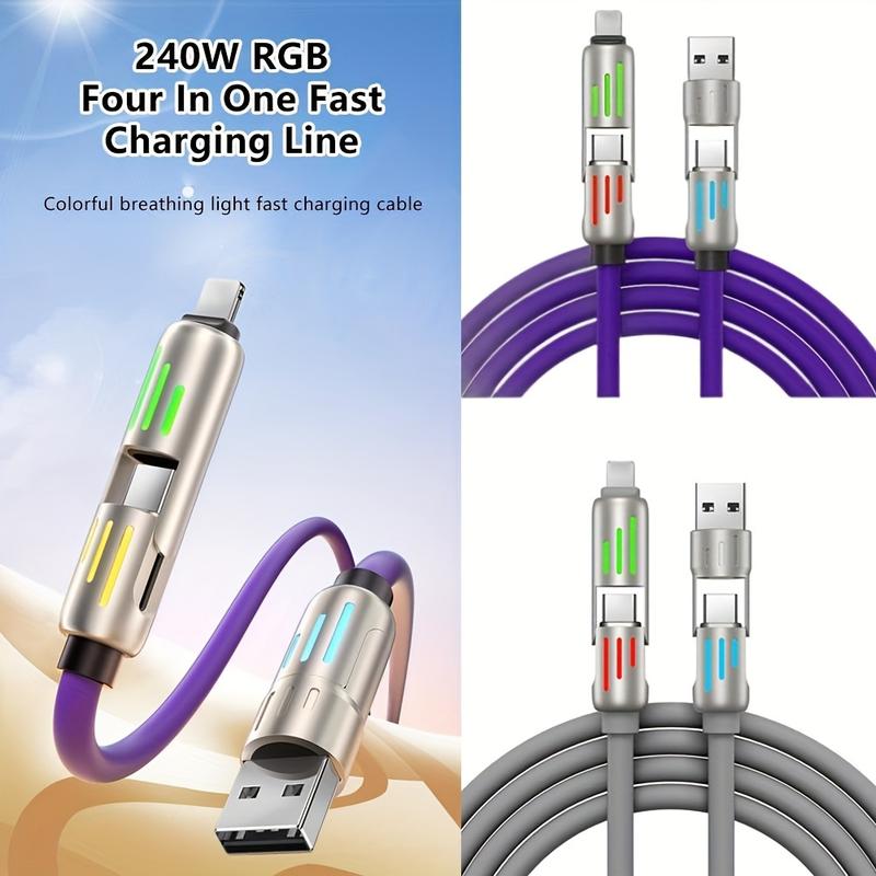 4-in-1 USB Charging Cable Silicone Cable, MAX 240W Fast Charging Charger Cable, with USB A+Type C+Lightning, Multiple Fast Charging and Data Sync, Fast Transmission Cable tablet ipad Multifunctional USB-C data sync usb-c data cable