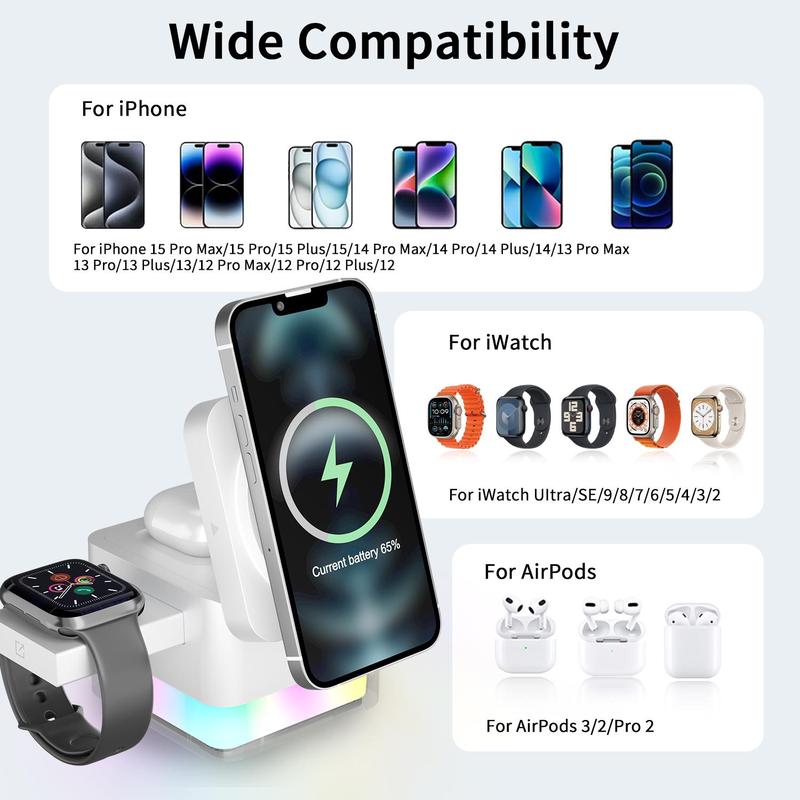 15W Wireless Charging Station, 3-in-1 Foldable Magnetic Wireless Charging Stand, Phone Holder for Charging with Night Light, Compatible with iPhone 12-15