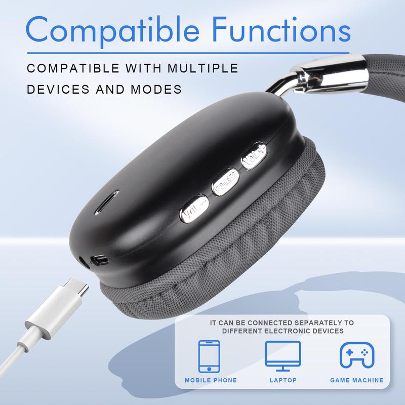 Wireless Over-ear Headphone, Retractable & Foldable Headset with Mic, Noise Cancelling Headphone for Gaming & Sports