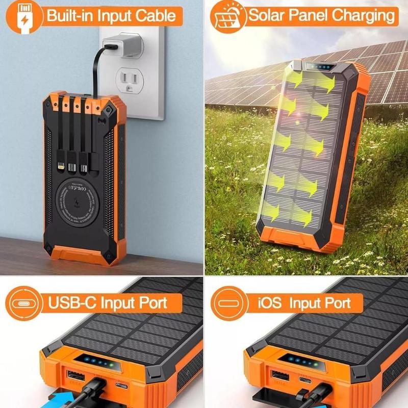 Portable Mobile Power 36000mAh Built-in 4 Cables 6 Outputs 15W Fast Charging Mobile Power for All Mobile Devices 3 Inputs Solar Portable Charger with Dual Flashlights