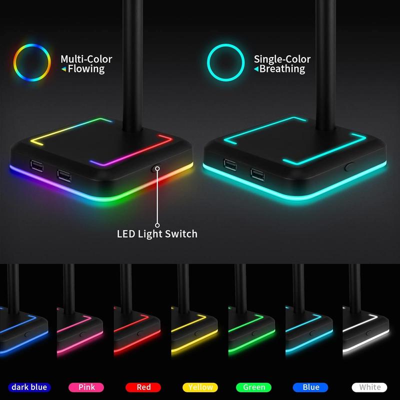 Headphone Stand, RGB Gaming Headset Holder with 2 USB Charger Ports & 10 Lighting Modes for Desktop PC Game Earphone Accessories